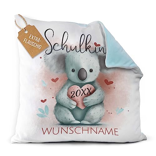 PR Print Royal Flauschiges Kissen zur Einschulung - Schulkind mit Name und Jahr personalisiert - Koala Kissen, personalisierte Geschenke zur Einschulung | Rückseite Hellblau, 40 x 40 cm von PR Print Royal