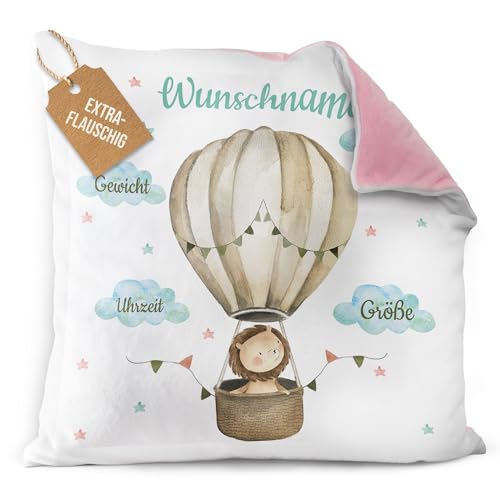 PR Print Royal Flauschiges Kissen zur Geburt - Löwe im Heißluftballon - Geschenk zur Geburt mit Name und Geburtsdaten Personalisieren | 40 x 40 cm, Rückseite Rosa Flauschig von PR Print Royal