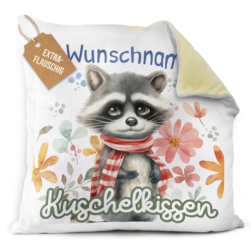 PR Print Royal Flauschiges Kuschel-Kissen für Kinder mit Füllung mit Name selbst gestalten - Waschbär Kissen für Mädchen und Jungs, Kinderkissen mit Name | 40 x 40 cm, Rückseite Gelb Flauschig von PR Print Royal