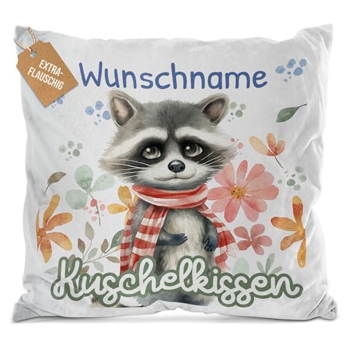 PR Print Royal Flauschiges Kuschel-Kissen für Kinder mit Füllung mit Name selbst gestalten - Waschbär Kissen für Mädchen und Jungs, Kinderkissen mit Name | 40 x 40 cm, Weiß Flauschig von PR Print Royal