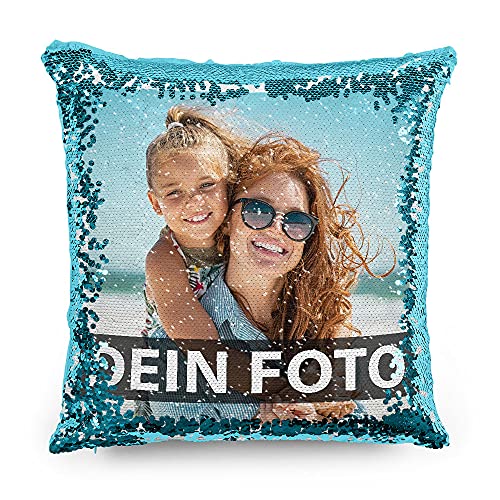 PR Print Royal Foto-Kissen selbst gestalten - Bedruckte Blaue Wendepailletten, individuell mit Foto und Text I Personalisiertes Geschenk, Deko-Kissen mit Füllung, 40 x 40cm von PR Print Royal