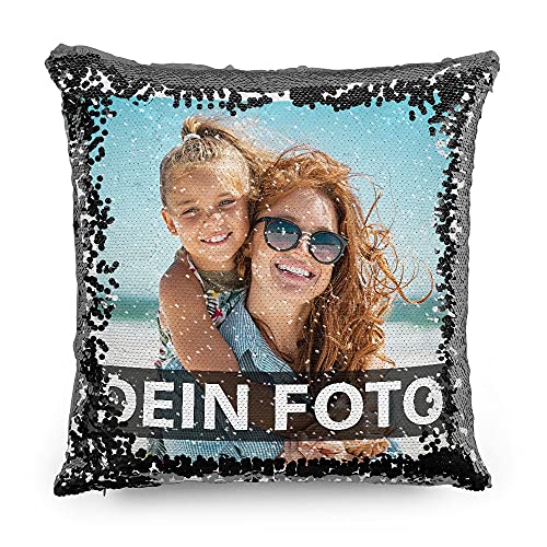 PR Print Royal Foto-Kissen selbst gestalten - Bedruckte Schwarze Wendepailletten, individuell mit Foto und Text I Personalisiertes Geschenk, Deko-Kissen mit Füllung, 40 x 40cm von PR Print Royal