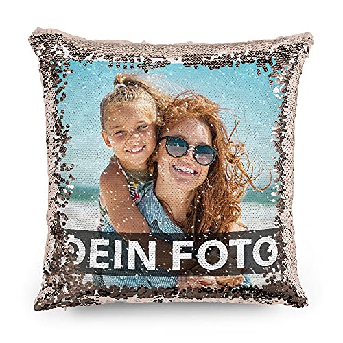 PR Print Royal Foto-Kissen selbst gestalten - Bedruckte rosé-goldene Wendepailletten, individuell mit Foto und Text I Personalisiertes Geschenk, Deko-Kissen mit Füllung, 40 x 40cm von PR Print Royal