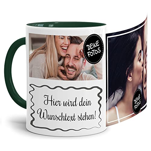 PR Print Royal Foto-Tasse selbst gestalten mit Text & Collage für 2 Fotos - Geschenk für Familie, Freunde, Geburtstag, Weihnachten - Keramik Innen & Henkel Dunkelgrün, 300 ml I Personalisiert von PR Print Royal