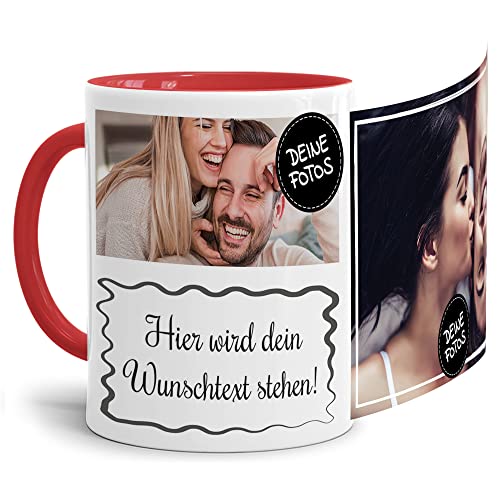 PR Print Royal Foto-Tasse selbst gestalten mit Text & Collage für 2 Fotos - Geschenk für Familie, Freunde, Geburtstag, Weihnachten - Keramik Innen & Henkel Rot, 300 ml I Personalisiert von PR Print Royal