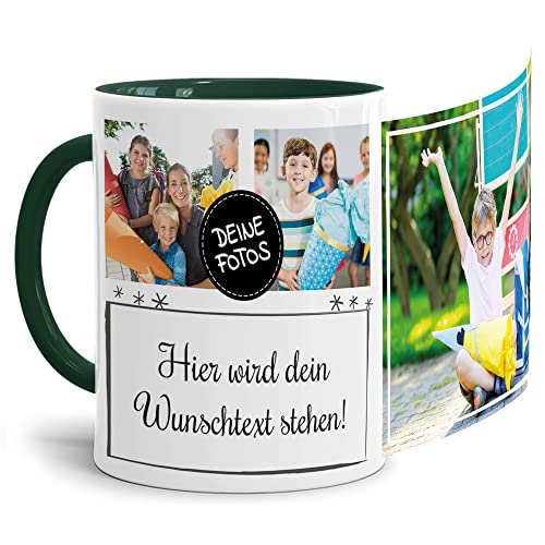 PR Print Royal Foto-Tasse selbst gestalten mit Text & Collage für 3 Fotos - Geschenk für Familie, Freunde, Geburtstag, Weihnachten - Keramik Innen & Henkel Dunkelgrün, 300 ml I Personalisiert von PR Print Royal