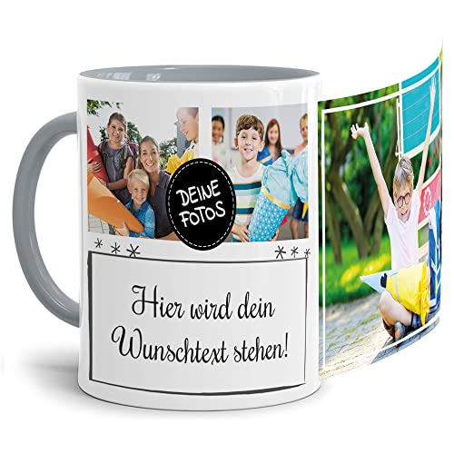 PR Print Royal Foto-Tasse selbst gestalten mit Text & Collage für 3 Fotos - Geschenk für Familie, Freunde, Geburtstag, Weihnachten - Keramik Innen & Henkel Grau, 300 ml I Personalisiert von PR Print Royal