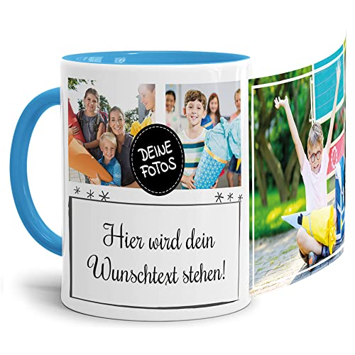 PR Print Royal Foto-Tasse selbst gestalten mit Text & Collage für 3 Fotos - Geschenk für Familie, Freunde, Geburtstag, Weihnachten - Keramik Innen & Henkel Hellblau, 300 ml I Personalisiert von PR Print Royal