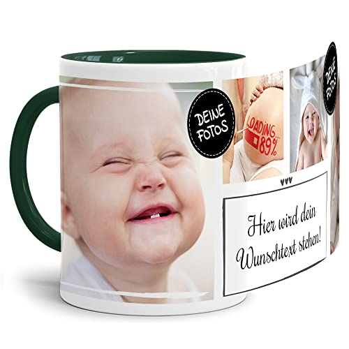 PR Print Royal Foto-Tasse selbst gestalten mit Text & Collage für 4 Fotos - Geschenk für Familie, Freunde, Geburtstag, Weihnachten - Keramik Innen & Henkel Dunkelgrün, 300 ml I Personalisiert von PR Print Royal