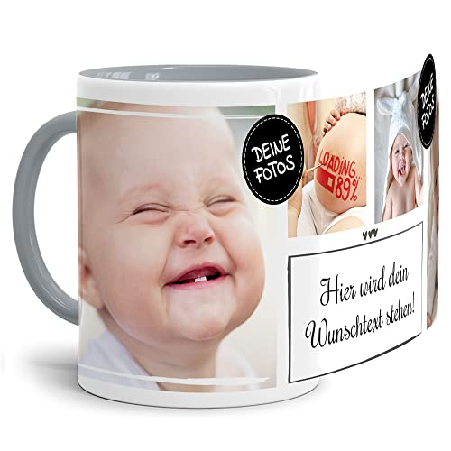 PR Print Royal Foto-Tasse selbst gestalten mit Text & Collage für 4 Fotos - Geschenk für Familie, Freunde, Geburtstag, Weihnachten - Keramik Innen & Henkel Grau, 300 ml I Personalisiert von PR Print Royal