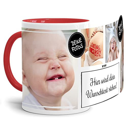 PR Print Royal Foto-Tasse selbst gestalten mit Text & Collage für 4 Fotos - Geschenk für Familie, Freunde, Geburtstag, Weihnachten - Keramik Innen & Henkel Rot, 300 ml I Personalisiert von PR Print Royal