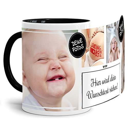 PR Print Royal Foto-Tasse selbst gestalten mit Text & Collage für 4 Fotos - Geschenk für Familie, Freunde, Geburtstag, Weihnachten - Keramik Innen & Henkel Schwarz, 300 ml I Personalisiert von PR Print Royal