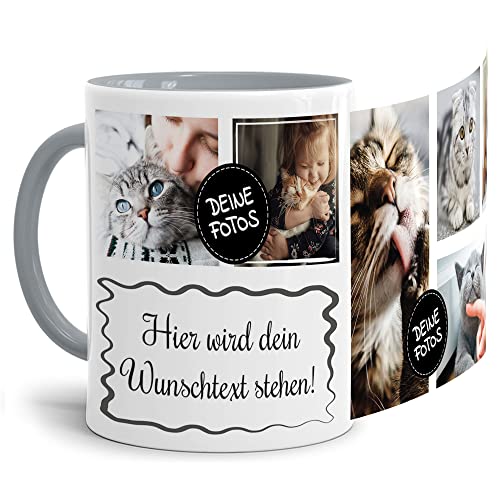 PR Print Royal Foto-Tasse selbst gestalten mit Text & Collage für 6 Fotos - Geschenk für Familie, Freunde, Geburtstag, Weihnachten - Keramik Innen & Henkel Grau, 300 ml I Personalisiert von PR Print Royal