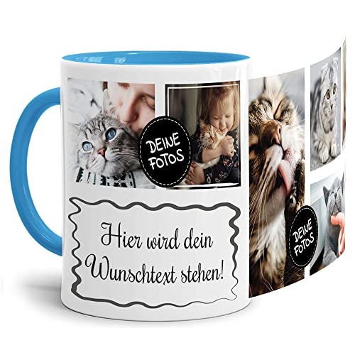 PR Print Royal Foto-Tasse selbst gestalten mit Text & Collage für 6 Fotos - Geschenk für Familie, Freunde, Geburtstag, Weihnachten - Keramik Innen & Henkel Hellblau, 300 ml I Personalisiert von PR Print Royal