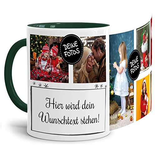 PR Print Royal Foto-Tasse selbst gestalten mit Text & Collage für 7 Fotos - Geschenk für Familie, Freunde, Geburtstag, Weihnachten - Keramik Innen & Henkel Dunkelgrün, 300 ml I Personalisiert von PR Print Royal