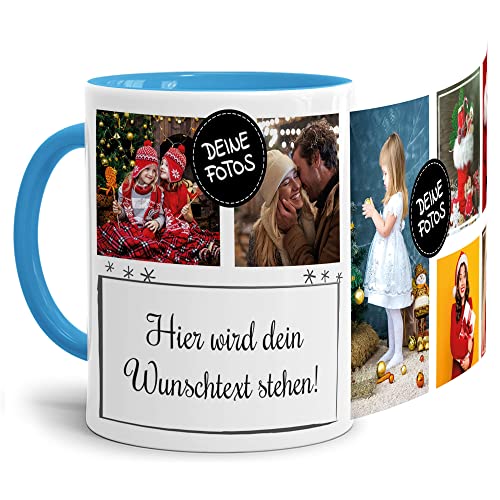 PR Print Royal Foto-Tasse selbst gestalten mit Text & Collage für 7 Fotos - Geschenk für Familie, Freunde, Geburtstag, Weihnachten - Keramik Innen & Henkel Hellblau, 300 ml I Personalisiert von PR Print Royal