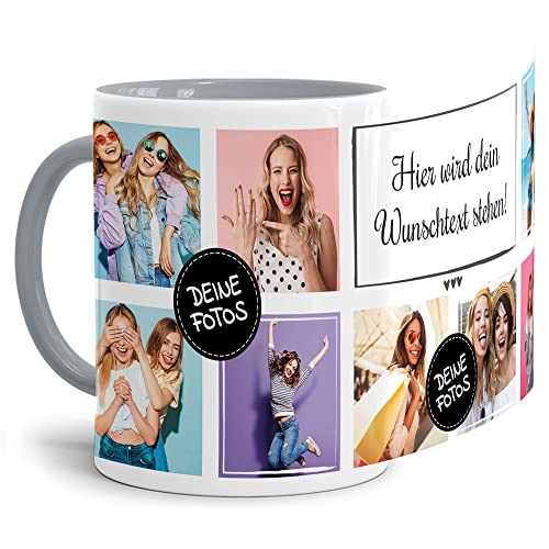 PR Print Royal Foto-Tasse selbst gestalten mit Text & Collage für 8 Fotos - Geschenk für Familie, Freunde, Geburtstag, Weihnachten - Keramik Innen & Henkel Grau, 300 ml I Personalisiert von PR Print Royal