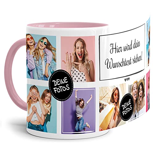 PR Print Royal Foto-Tasse selbst gestalten mit Text & Collage für 8 Fotos - Geschenk für Familie, Freunde, Geburtstag, Weihnachten - Keramik Innen & Henkel Rosa, 300 ml I Personalisiert von PR Print Royal