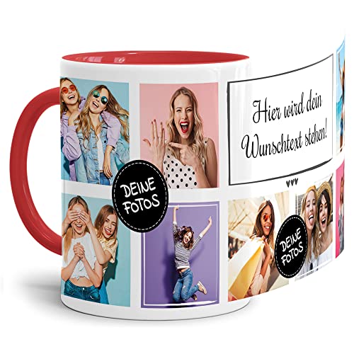 PR Print Royal Foto-Tasse selbst gestalten mit Text & Collage für 8 Fotos - Geschenk für Familie, Freunde, Geburtstag, Weihnachten - Keramik Innen & Henkel Rot, 300 ml I Personalisiert von PR Print Royal