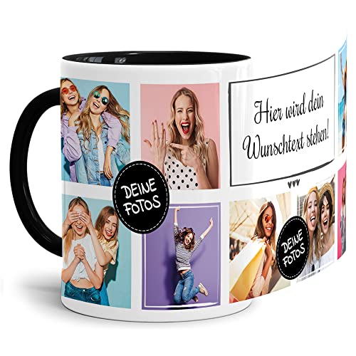 PR Print Royal Foto-Tasse selbst gestalten mit Text & Collage für 8 Fotos - Geschenk für Familie, Freunde, Geburtstag, Weihnachten - Keramik Innen & Henkel Schwarz, 300 ml I Personalisiert von PR Print Royal