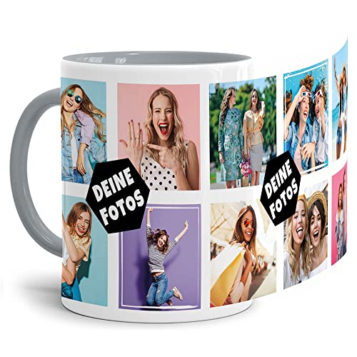 PR Print Royal Foto-Tasse zum selbst gestalten mit Foto-Collage für 10 Wunschfotos - Geschenk für Familie, Freunde, Geburtstag, Weihnachten - Keramik Innen & Henkel Grau, 300 ml I Personalisiert von PR Print Royal