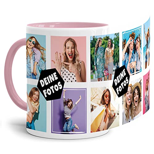 PR Print Royal Foto-Tasse zum selbst gestalten mit Foto-Collage für 10 Wunschfotos - Geschenk für Familie, Freunde, Geburtstag, Weihnachten - Keramik Innen & Henkel Rosa, 300 ml I Personalisiert von PR Print Royal