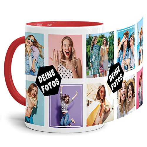 PR Print Royal Foto-Tasse zum selbst gestalten mit Foto-Collage für 10 Wunschfotos - Geschenk für Familie, Freunde, Geburtstag, Weihnachten - Keramik Innen & Henkel Rot, 300 ml I Personalisiert von PR Print Royal