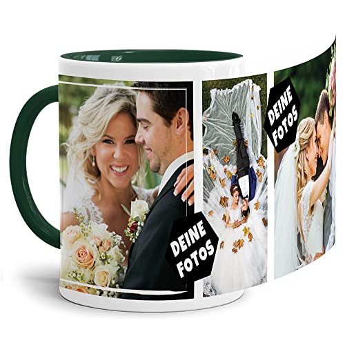 PR Print Royal Foto-Tasse zum selbst gestalten mit Foto-Collage für 3 Wunschfotos - Geschenk für Familie, Freunde, Geburtstag, Weihnachten - Keramik Innen & Henkel Dunkelgrün, 300 ml I Personalisiert von PR Print Royal