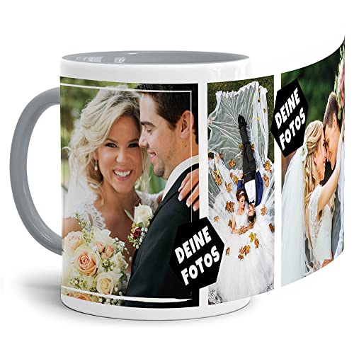 PR Print Royal Foto-Tasse zum selbst gestalten mit Foto-Collage für 3 Wunschfotos - Geschenk für Familie, Freunde, Geburtstag, Weihnachten - Keramik Innen & Henkel Grau, 300 ml I Personalisiert von PR Print Royal