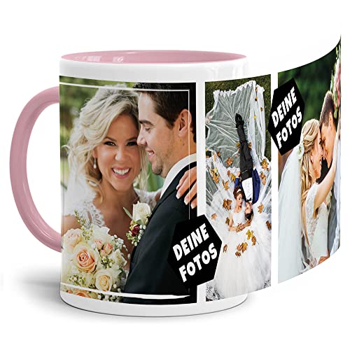 PR Print Royal Foto-Tasse zum selbst gestalten mit Foto-Collage für 3 Wunschfotos - Geschenk für Familie, Freunde, Geburtstag, Weihnachten - Keramik Innen & Henkel Rosa, 300 ml I Personalisiert von PR Print Royal