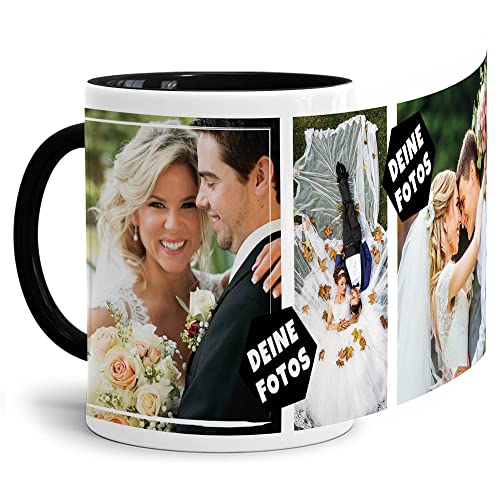 PR Print Royal Foto-Tasse zum selbst gestalten mit Foto-Collage für 3 Wunschfotos - Geschenk für Familie, Freunde, Geburtstag, Weihnachten - Keramik Innen & Henkel Schwarz, 300 ml I Personalisiert von PR Print Royal