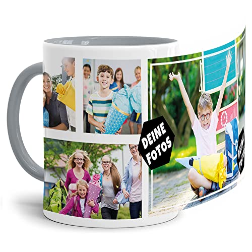 PR Print Royal Foto-Tasse zum selbst gestalten mit Foto-Collage für 4 Wunschfotos - Geschenk für Familie, Freunde, Geburtstag, Weihnachten - Keramik Innen & Henkel Grau, 300 ml I Personalisiert von PR Print Royal