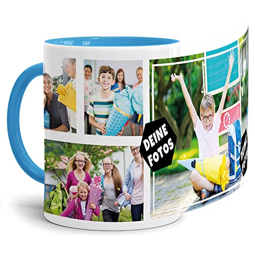 PR Print Royal Foto-Tasse zum selbst gestalten mit Foto-Collage für 4 Wunschfotos - Geschenk für Familie, Freunde, Geburtstag, Weihnachten - Keramik Innen & Henkel Hellblau, 300 ml I Personalisiert von PR Print Royal