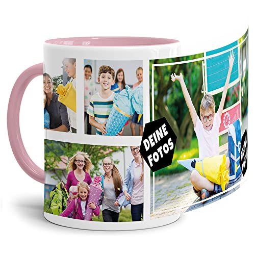 PR Print Royal Foto-Tasse zum selbst gestalten mit Foto-Collage für 4 Wunschfotos - Geschenk für Familie, Freunde, Geburtstag, Weihnachten - Keramik Innen & Henkel Rosa, 300 ml I Personalisiert von PR Print Royal