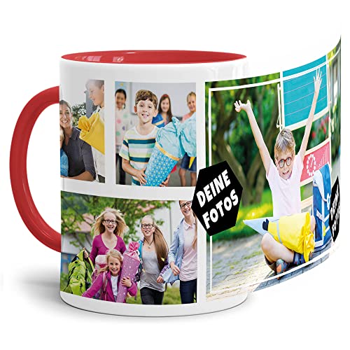 PR Print Royal Foto-Tasse zum selbst gestalten mit Foto-Collage für 4 Wunschfotos - Geschenk für Familie, Freunde, Geburtstag, Weihnachten - Keramik Innen & Henkel Rot, 300 ml I Personalisiert von PR Print Royal