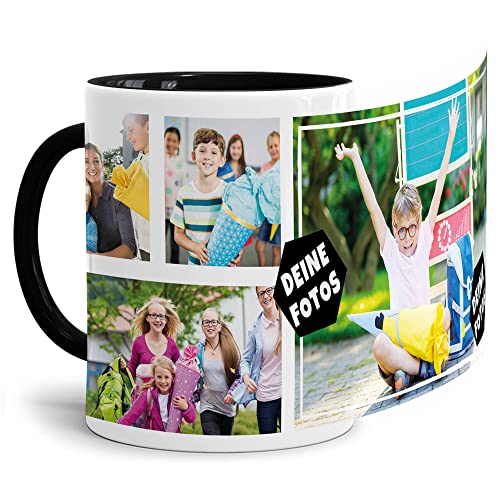 PR Print Royal Foto-Tasse zum selbst gestalten mit Foto-Collage für 4 Wunschfotos - Geschenk für Familie, Freunde, Geburtstag, Weihnachten - Keramik Innen & Henkel Schwarz, 300 ml I Personalisiert von PR Print Royal