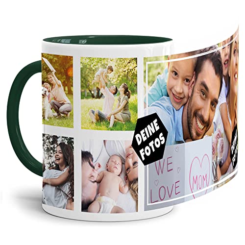 PR Print Royal Foto-Tasse zum selbst gestalten mit Foto-Collage für 5 Wunschfotos - Geschenk für Familie, Freunde, Geburtstag, Weihnachten - Keramik Innen & Henkel Dunkelgrün, 300 ml I Personalisiert von PR Print Royal