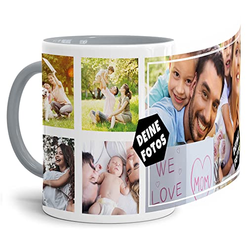 PR Print Royal Foto-Tasse zum selbst gestalten mit Foto-Collage für 5 Wunschfotos - Geschenk für Familie, Freunde, Geburtstag, Weihnachten - Keramik Innen & Henkel Grau, 300 ml I Personalisiert von PR Print Royal