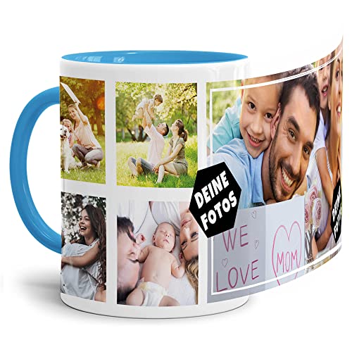 PR Print Royal Foto-Tasse zum selbst gestalten mit Foto-Collage für 5 Wunschfotos - Geschenk für Familie, Freunde, Geburtstag, Weihnachten - Keramik Innen & Henkel Hellblau, 300 ml I Personalisiert von PR Print Royal