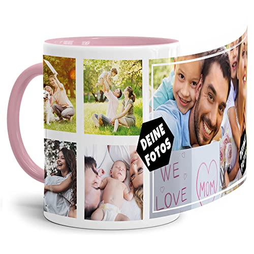 PR Print Royal Foto-Tasse zum selbst gestalten mit Foto-Collage für 5 Wunschfotos - Geschenk für Familie, Freunde, Geburtstag, Weihnachten - Keramik Innen & Henkel Rosa, 300 ml I Personalisiert von PR Print Royal