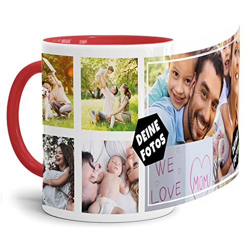 PR Print Royal Foto-Tasse zum selbst gestalten mit Foto-Collage für 5 Wunschfotos - Geschenk für Familie, Freunde, Geburtstag, Weihnachten - Keramik Innen & Henkel Rot, 300 ml I Personalisiert von PR Print Royal