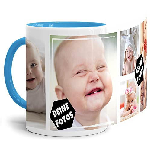 PR Print Royal Foto-Tasse zum selbst gestalten mit Foto-Collage für 6 Wunschfotos - Geschenk für Familie, Freunde, Geburtstag, Weihnachten - Keramik Innen & Henkel Hellblau, 300 ml I Personalisiert von PR Print Royal