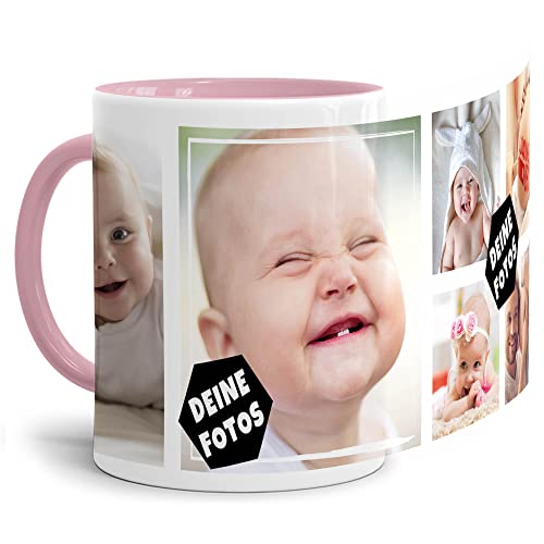 PR Print Royal Foto-Tasse zum selbst gestalten mit Foto-Collage für 6 Wunschfotos - Geschenk für Familie, Freunde, Geburtstag, Weihnachten - Keramik Innen & Henkel Rosa, 300 ml I Personalisiert von PR Print Royal