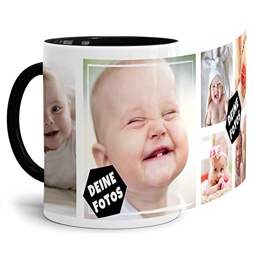 PR Print Royal Foto-Tasse zum selbst gestalten mit Foto-Collage für 6 Wunschfotos - Geschenk für Familie, Freunde, Geburtstag, Weihnachten - Keramik Innen & Henkel Schwarz, 300 ml I Personalisiert von PR Print Royal