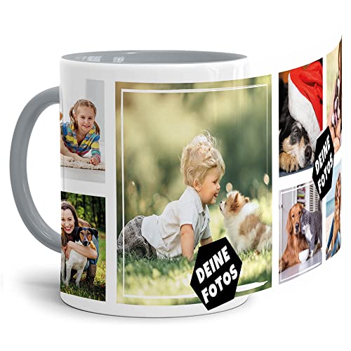 PR Print Royal Foto-Tasse zum selbst gestalten mit Foto-Collage für 7 Wunschfotos - Geschenk für Familie, Freunde, Geburtstag, Weihnachten - Keramik Innen & Henkel Grau, 300 ml I Personalisiert von PR Print Royal