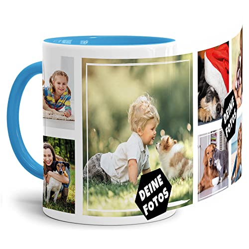 PR Print Royal Foto-Tasse zum selbst gestalten mit Foto-Collage für 7 Wunschfotos - Geschenk für Familie, Freunde, Geburtstag, Weihnachten - Keramik Innen & Henkel Hellblau, 300 ml I Personalisiert von PR Print Royal