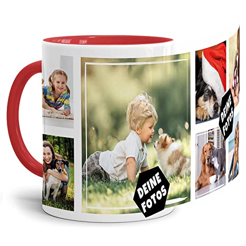 PR Print Royal Foto-Tasse zum selbst gestalten mit Foto-Collage für 7 Wunschfotos - Geschenk für Familie, Freunde, Geburtstag, Weihnachten - Keramik Innen & Henkel Rot, 300 ml I Personalisiert von PR Print Royal