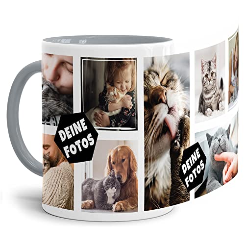 PR Print Royal Foto-Tasse zum selbst gestalten mit Foto-Collage für 8 Wunschfotos - Geschenk für Familie, Freunde, Geburtstag, Weihnachten - Keramik Innen & Henkel Grau, 300 ml I Personalisiert von PR Print Royal