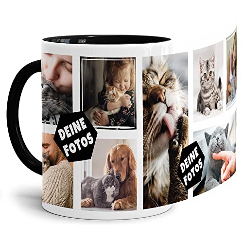 PR Print Royal Foto-Tasse zum selbst gestalten mit Foto-Collage für 8 Wunschfotos - Geschenk für Familie, Freunde, Geburtstag, Weihnachten - Keramik Innen & Henkel Schwarz, 300 ml I Personalisiert von PR Print Royal