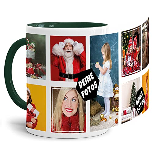 PR Print Royal Foto-Tasse zum selbst gestalten mit Foto-Collage für 9 Wunschfotos - Geschenk für Familie, Freunde, Geburtstag, Weihnachten - Keramik Innen & Henkel Dunkelgrün, 300 ml I Personalisiert von PR Print Royal